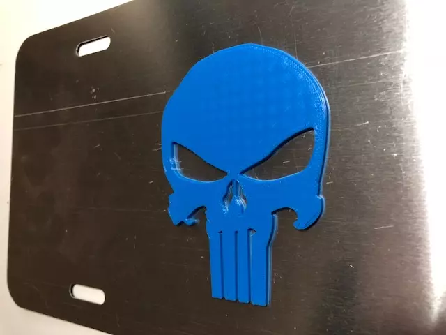 Punisher Skull  in 3D   - Grey with Blue License plate INSERT -