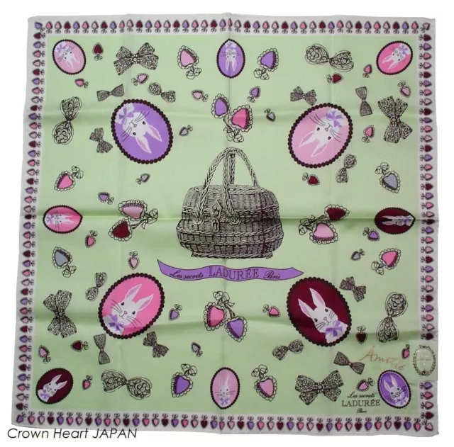 LADUREE Paris Handkerchief / Mini-Scarf Rabbit Amitie L.Green JAPAN Rare! 2