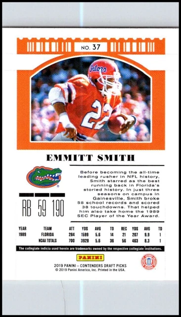 2019 Panini Contenders Draft Tickets Season Ticket #37 Emmitt Smith Florida 2
