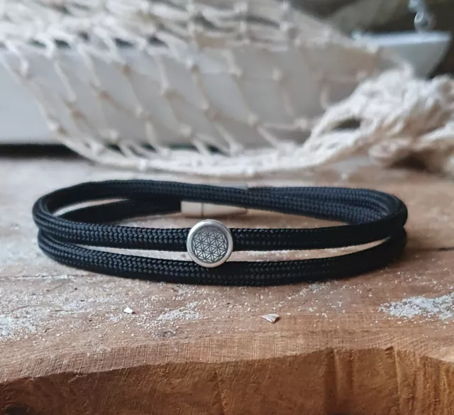 Armband "Blume des Lebens" Segeltau Schwarz mit Magnetverschluss versilbert