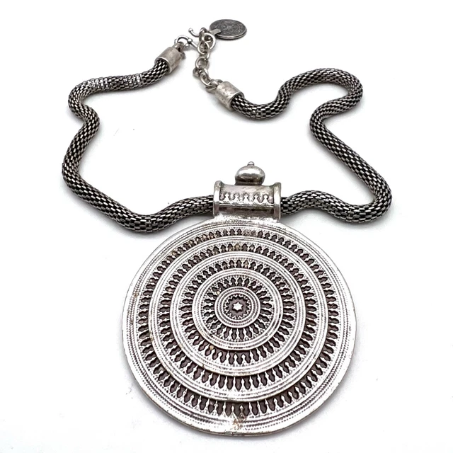 Stunning huge Aztec rope coil chain silver tone necklace marked