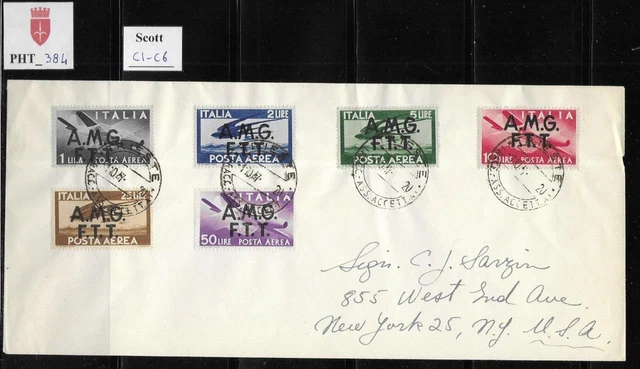 PHT_384. TRIESTE FTT. Long 1947 FDC w. DEMOCRATICA air mail set. Scott C1-C6.
