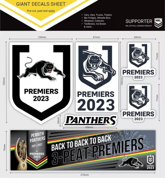 NRL Penrith Panthers Premiers 2023 Giant Decals Sheet (Set of 6 Stickers)