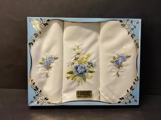 3 weiße Damen Taschentücher Stickerei Baumwolle Geschenkpackung
