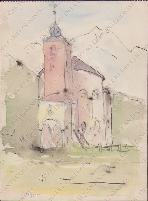 Disegno chiesa chiesetta montagna Acquerello