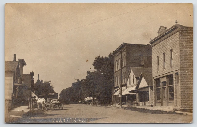 Clayton MI Masonic Temple~Horse & Wagonful of Feed~Town Distance Sign~c1908 RPPC