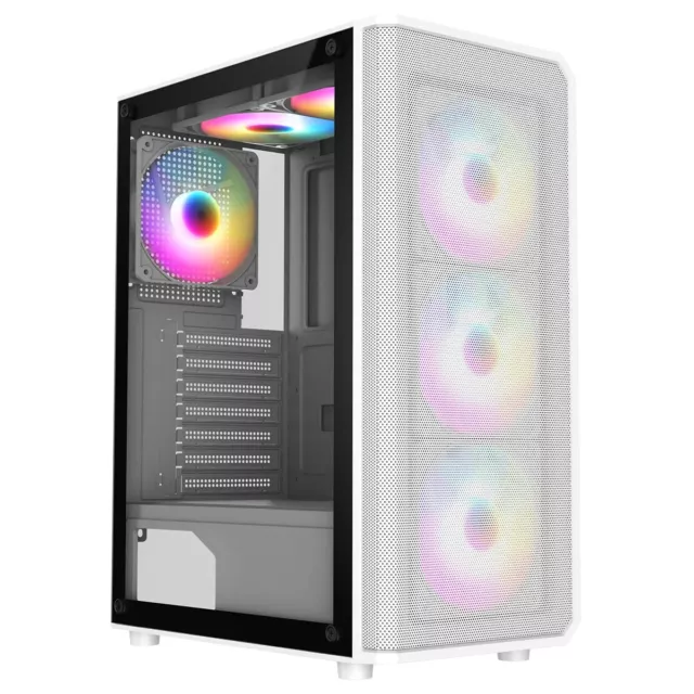 CIT Delta ATX Gaming PC Case White Mesh Mid Tower 6x A-RGB Fans Full Glass Panel