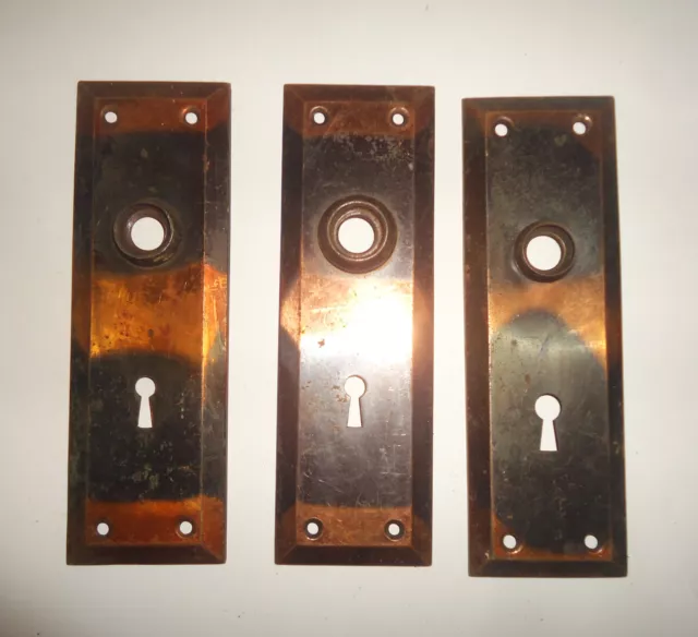 Set of 3 Matching Antique Door Knob Back Plates Japanned Copper Vintage LOT # 2