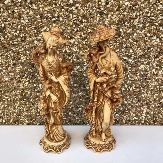 Vintage Pair Heavy Oriental Japanese Resin Sculpture Figurines Man & Lady - 38cm