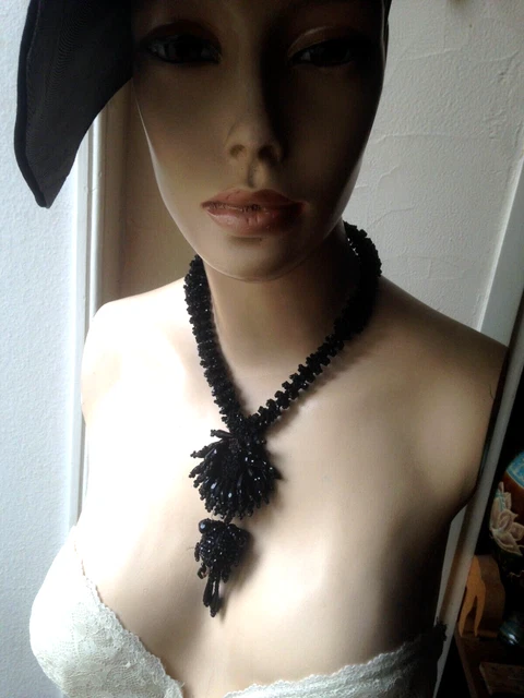 Collier Ancien En Perles De Jais Noir - Vintage, Sans Marque, Occasion