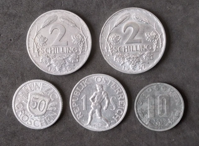 1940s Austria 5 Coin Lot - 1 Schilling - 2 Schillings - 10 & 50 Groschen -