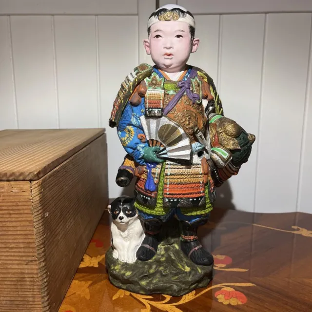 Pre-War Japanese Antique Pottery Doll Samurai and Dog Figurine 30cm