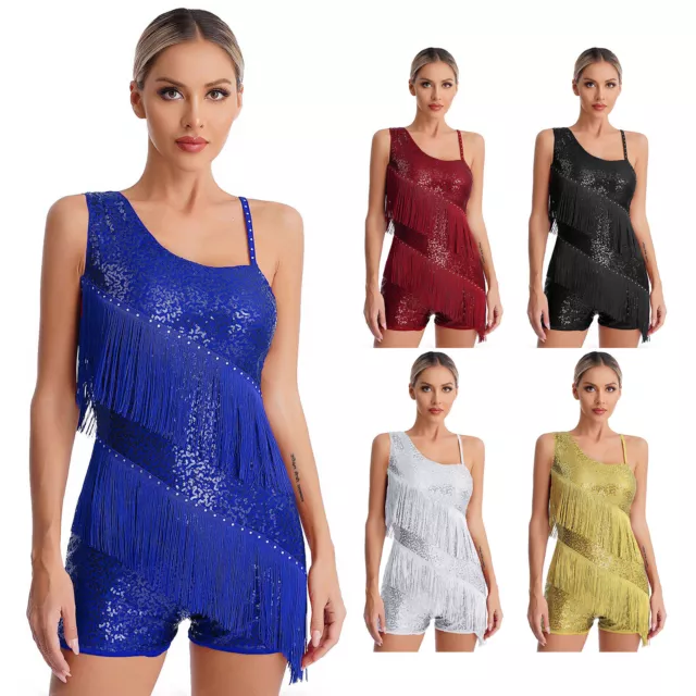 Womens Bodysuit Modern Jumpsuit Jazz Leotard Glittery Costume Tassel Outfit 3