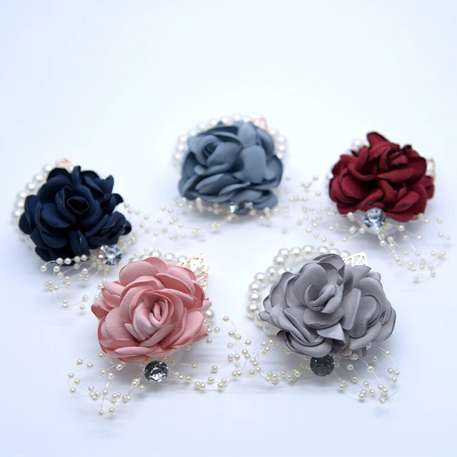 Bridal Bridesmaid Boutonniere Artificial Rose Wrist Flower Pearl Corsage Wedding