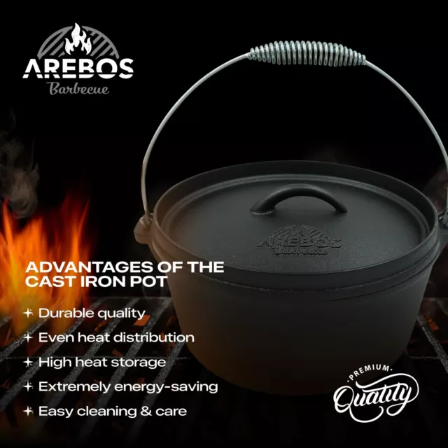 AREBOS hierro fundido Dutch Oven BBQ Set de con caja madera guantes protectores 3