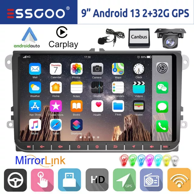 9" Autoradio Carplay Android 13 32G GPS RDS Cam Per VW Golf 5 Polo Caddy Touran