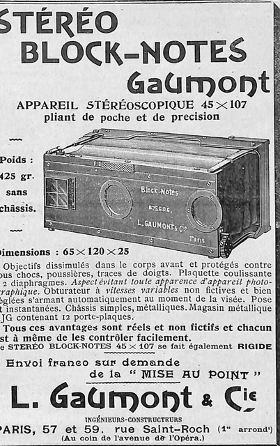 BLOCK-NOTES STEREO CAMERA by Gaumont, 6x13 cm format. F/6.3 lens. EUR 300,00 - FR