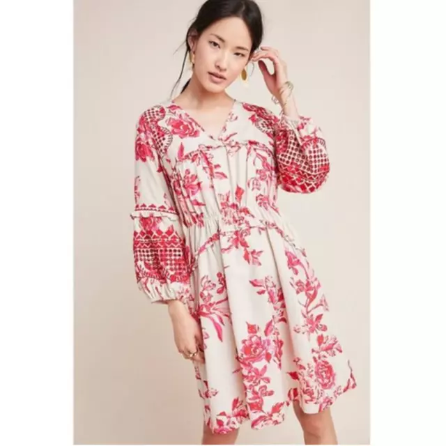 Anthropologie $230 Vineet Bahl Red Floral Embroidered Boho Mini Dress