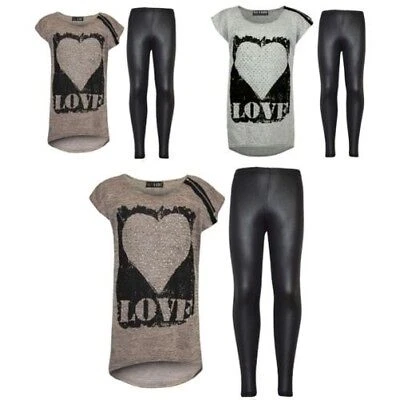 Bambine Love Top Stampato & Elegante Moda Wetlook Set Leggings Età 7-13 Anni