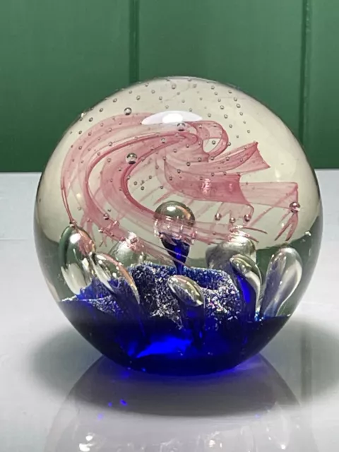 Large Murano Style Pink Wisp Swirl With Stretched Bubbles Art Glass Paperweight