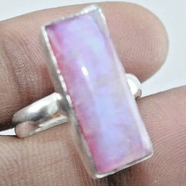 Bague en argent sterling 925 avec pierre de lune arc-en-ciel rose taille-8...