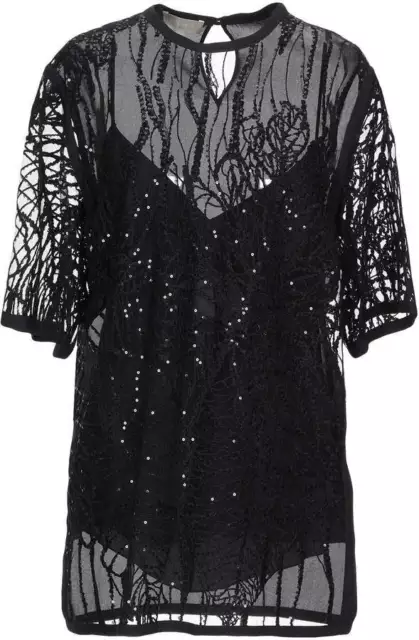 Elie Saab Blouse Tunic Black Embellished Lace Silk Blend Short Sleeve Top Size M