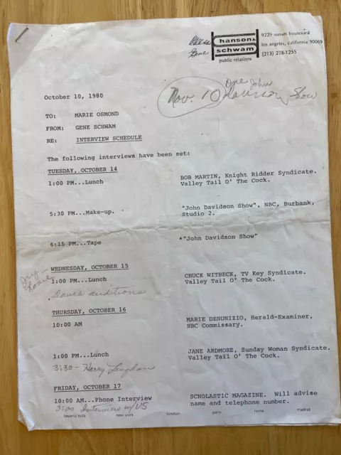 RARE Marie OSMOND 1980 Interview Schedule Hanson & Shwam PR Office