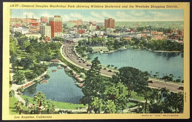 Los Angeles CA General McArthur Park VTG Aerial View Linen Postcard Posted 1946