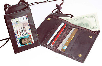 Brown Genuine Leather ID Badge Lanyard Wallet Card Holder Zip Neck Strap Men Lad