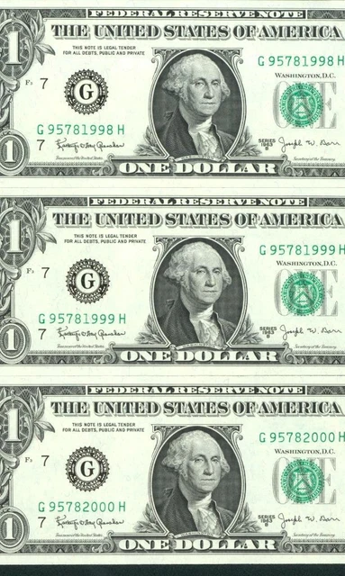 ((THREE CONSECUTIVE)) $1 1963 B ((CHOICE CU)) (JOSEPH BARR) Federal Reserve Note