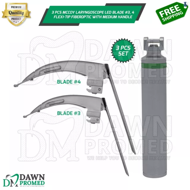 3 Pcs Mccoy Laryngoscope Flexi-Tip Fiberoptic Led Blade #3, 4 Medium Handle