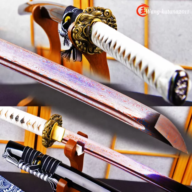 Genuine Katana Blue&Red Damascus Folded Steel Japanese Samurai Functional Sword