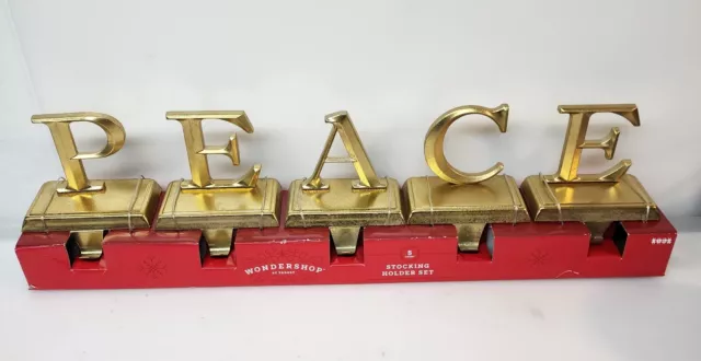 PEACE Letters Gold 5pc Christmas Stocking Holder Hanger Set Heavy Sturdy Metal