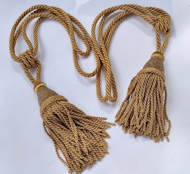 Set 2 Gold Curtain Tassel Tiebacks Rope Braided Loop 26" Drapery Tie Backs Bead