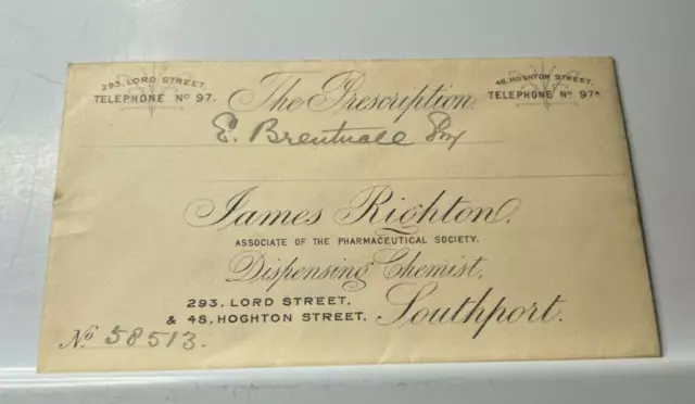 Antique Pharmacy Prescription Envelope  James Righton 293 Lord Street Southport