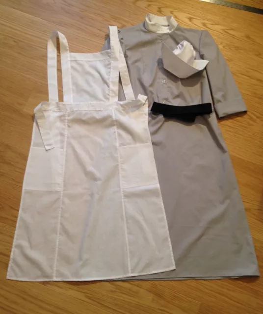 WWII WW2 Nurse Uniform grey dress, white apron, black belt, hat, size 4-30