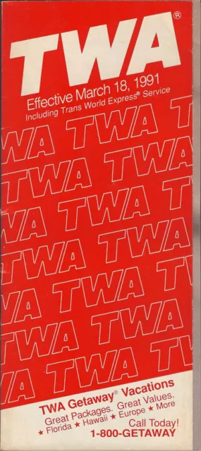 TWA Trans World Airlines system timetable 3/18/91 [308TW] Buy 4+ save 25%