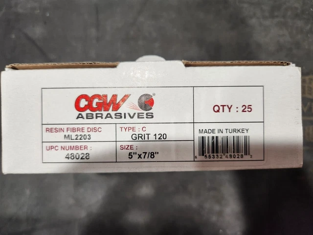 CGW ABRASIVES 48028 5X7/8 120 GRIT RESIN FIBRE DISC, Box of 25