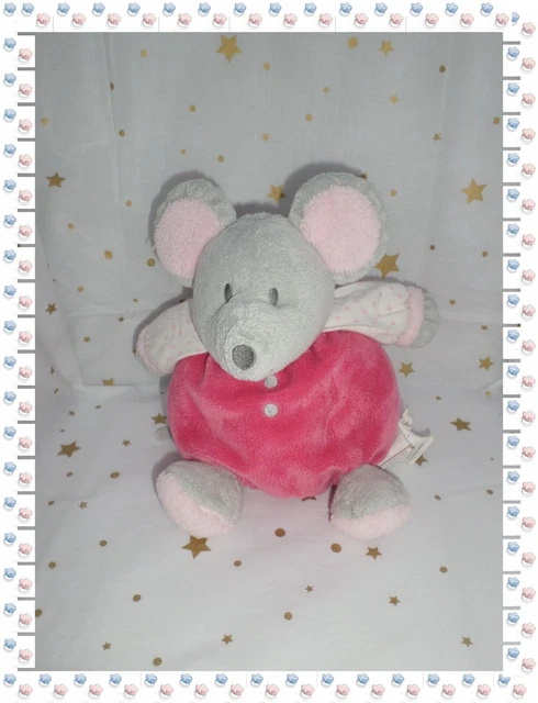 ⑩ - Doudou Peluche Boule Souris Fuchsia Rose Gris  Blanc Grelot  Cœurs Obaibi