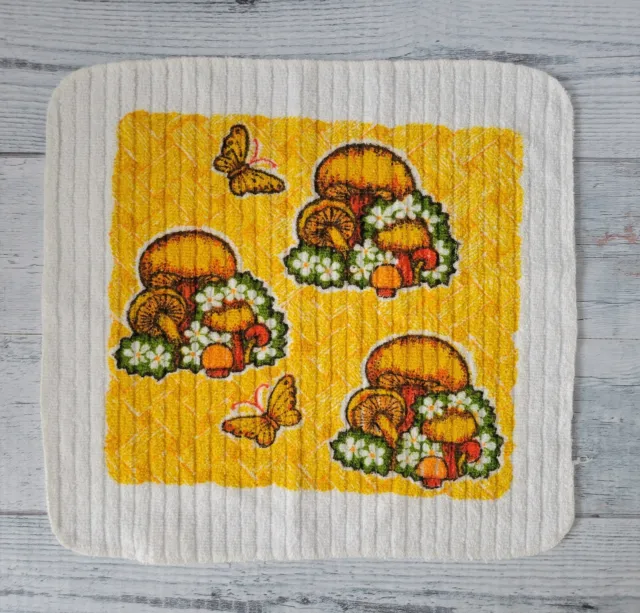 Vintage 70s Retro Mushroom Butterflies & Flowers Dishcloth Washcloth Towel