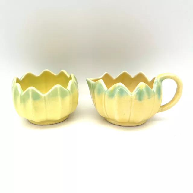Vintage Monterey California Art Pottery Open Sugar and Creamer Flower Yellow MCM