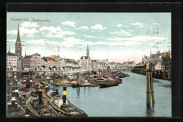 Hamburg, Hafenpartie mit Stadtansicht, Ansichtskarte