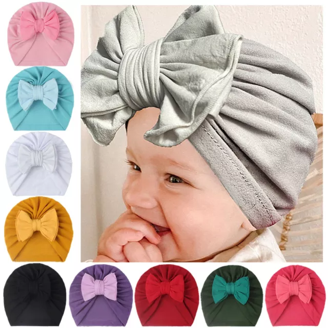 Newborn Infant Baby Boys Girls Solid Hat Beanie Bowknot Elastics Turban Hat Cap