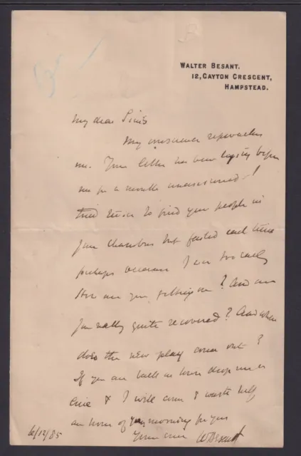 Walter Besant (1836-1901), English novelist, historian, signed 1885 letter