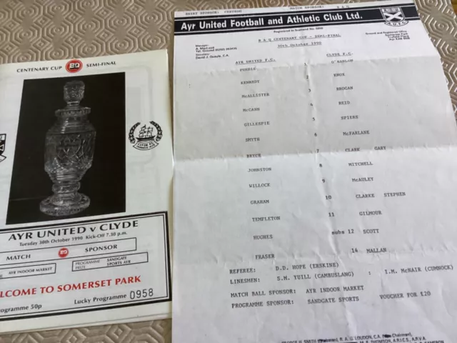 1990/91 Ayr United v Clyde  B&Q Cup Semi Final and team sheet
