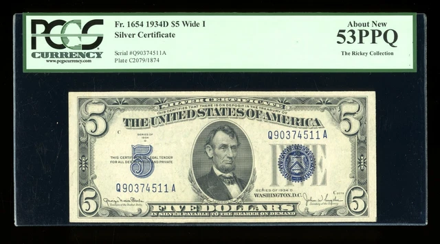 DBR 1934-D $5 Silver Fr. 1654Wi Wide I QA Block PCGS 53 PPQ Serial Q90374511A