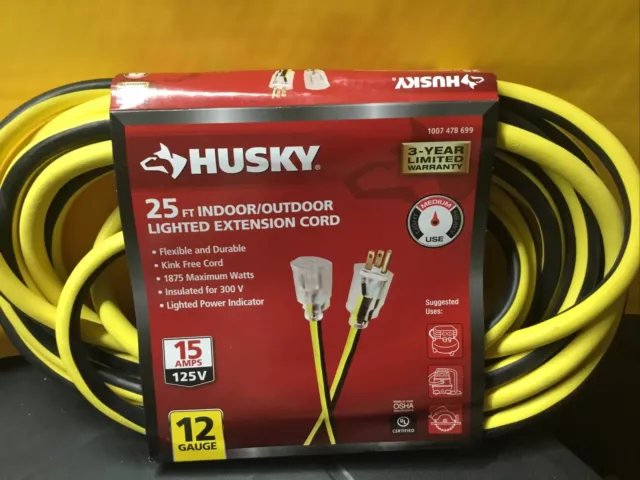 Husky 25 ft Indoor Outdoor Lighted Extension Cord 12/3 Yellow 15A/125V New