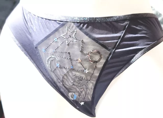 Victorias secret L Rare Vintage Satin Sequin 🌟 Star Moon Silver Thong Panty