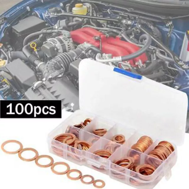 100 PCS Copper Crush Washer Gasket Set Flat Ring Seal Assortment Kit M4-M14 Kit