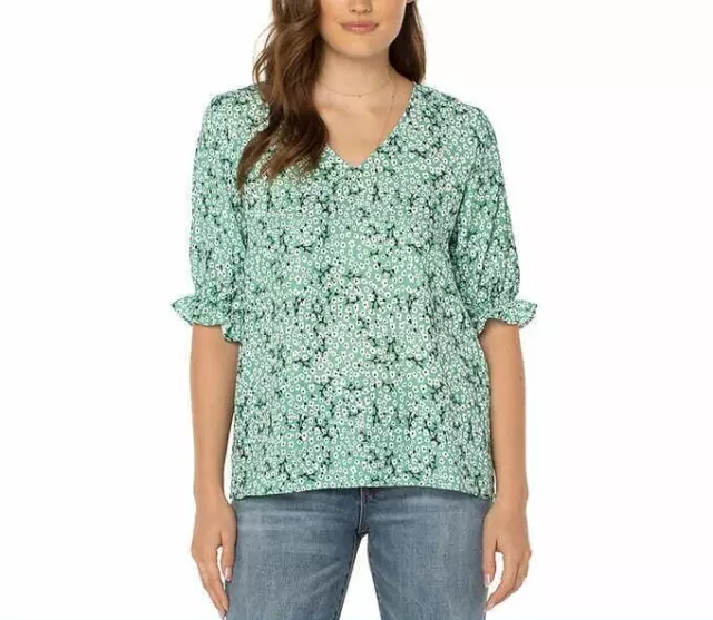 NWT Well Worn Women's Elbow Sleeve V Neck Blouse Green Floral Size M $60 4D041